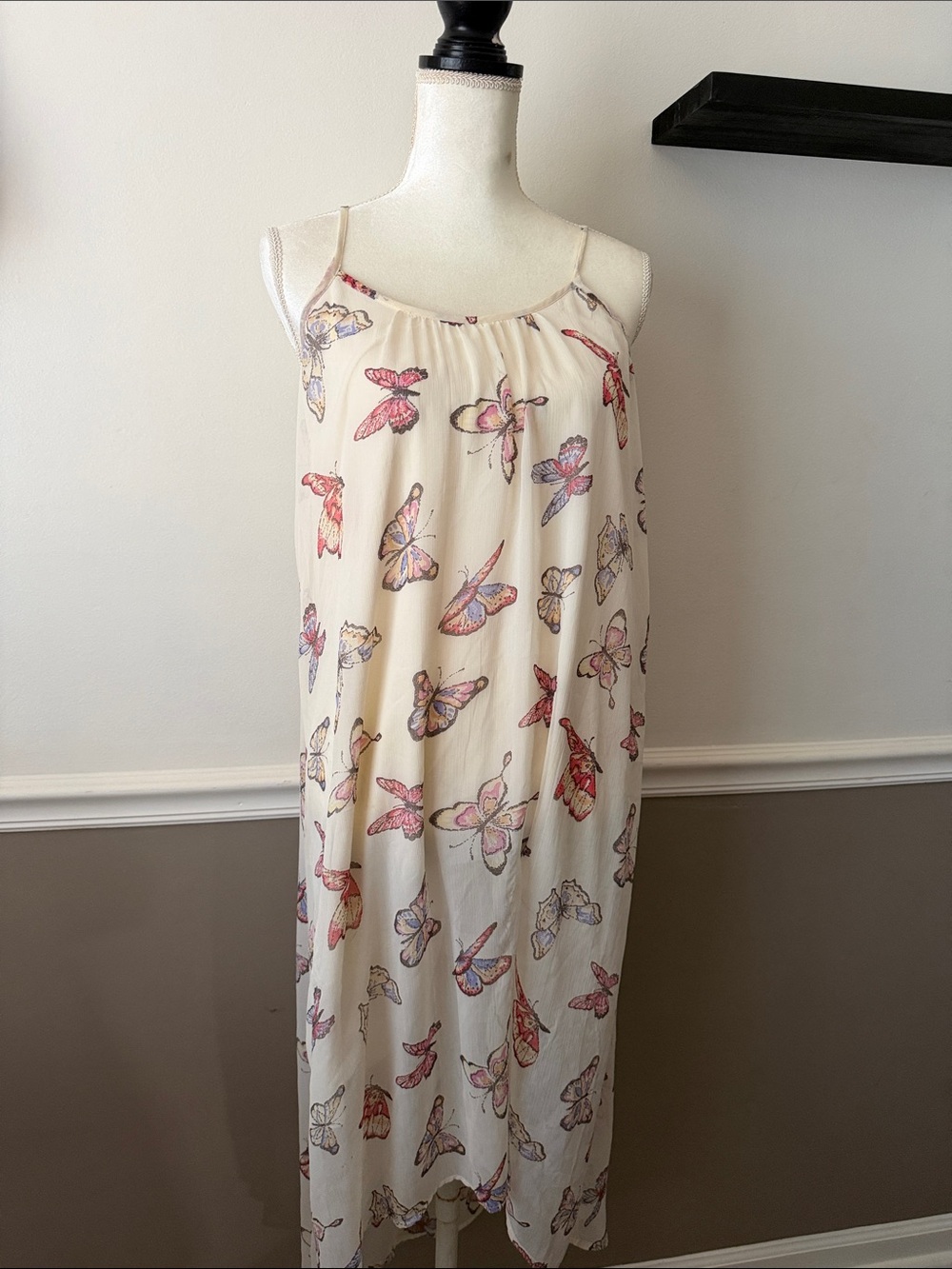 Motherhood Maternity butterfly print summer Cream Slip dress w Adjustable Straps